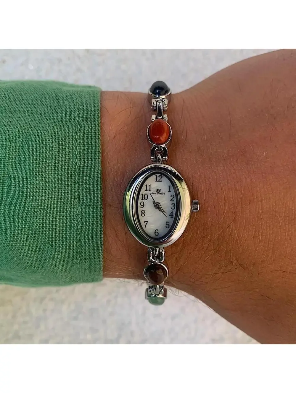 Y2k style silver tone quartz watch with glass multi color jade stone opal